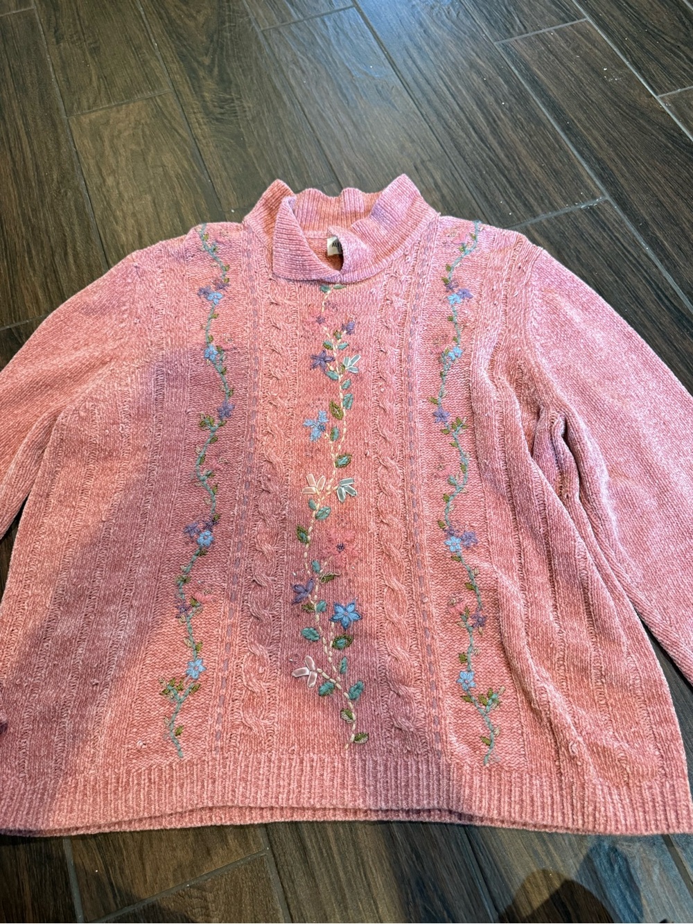 Alfred Dunner Pink Floral Embroidered Collared Neck Sweater